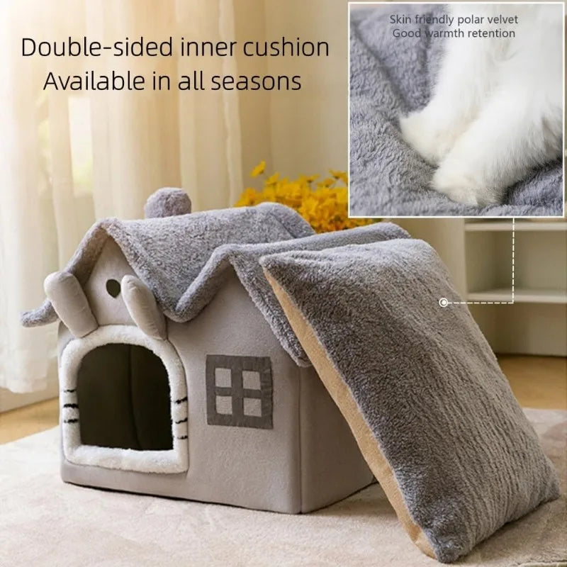 Luxury Double Roof Indoor Dog House Cat Nest,Foldable Warm Soft Kennel,30D High Elastic Memory Sponge,Removable