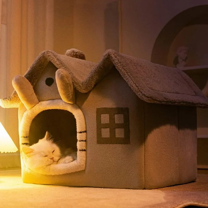 Luxury Double Roof Indoor Dog House Cat Nest,Foldable Warm Soft Kennel,30D High Elastic Memory Sponge,Removable
