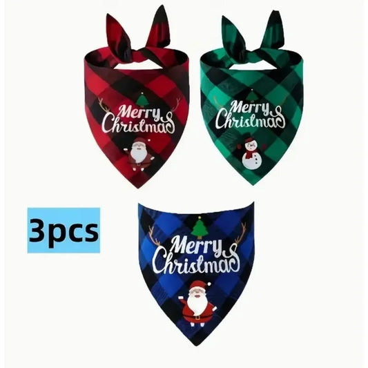 3 Piece Christmas Dog Scarf with Adjustable Collar for Small to Large Dogs, Pet Triangle Plaid Drool Towel