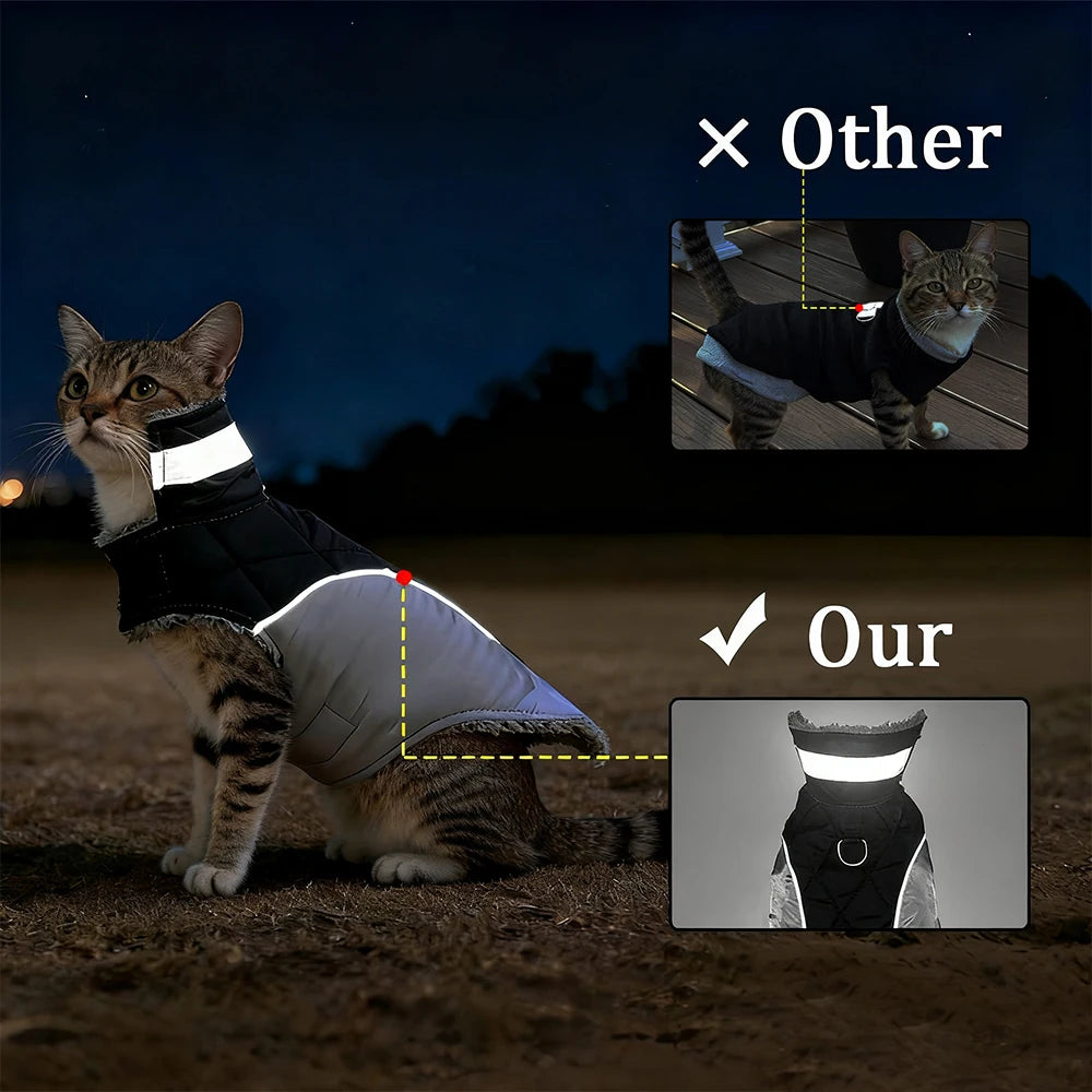 Reflective Pet Jacket Coat Windproof High Neck Cat Clothes Winter Warm Fleece Kitten Apparel With D-Ring For Small Cats Sphynx