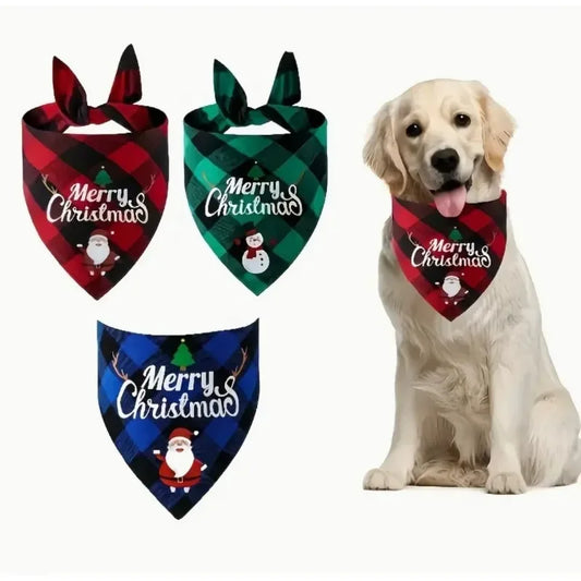 3 Piece Christmas Dog Scarf with Adjustable Collar for Small to Large Dogs, Pet Triangle Plaid Drool Towel
