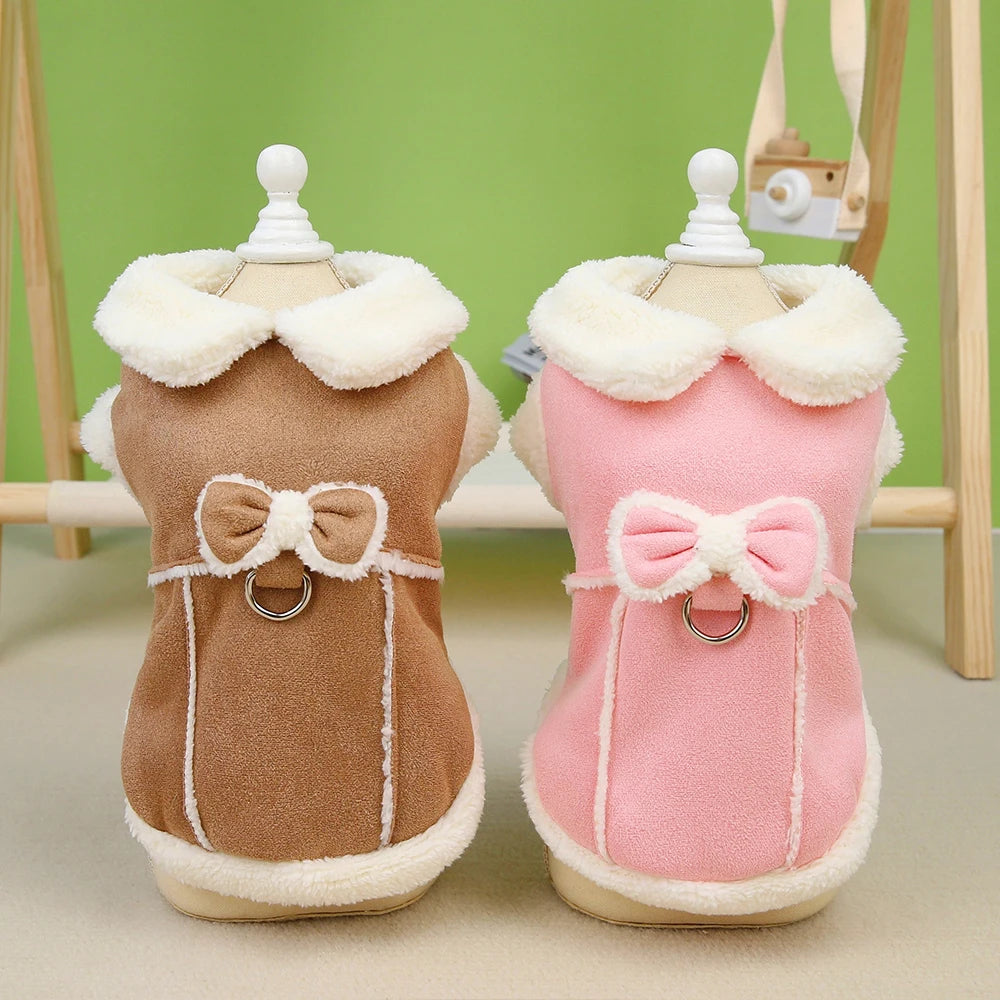 Winter Dog Clothes Jacket Dogs Cute Puppy Coat Clothing With Bowknot Warm Fur Pet Outfit Soft For Small Medium Dogs Chihuahua