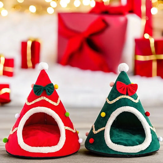 Christmas Tree Shape Cat Nest Semi-enclosed Cat Beds Plush Warm Cat House Pet Tent House for Puppy Small Dog Bed
