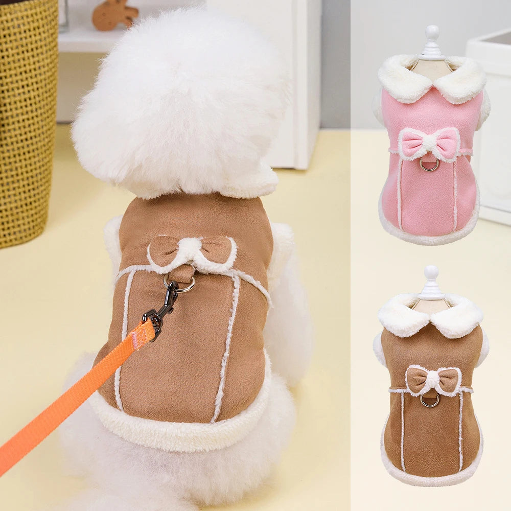 Winter Dog Clothes Jacket Dogs Cute Puppy Coat Clothing With Bowknot Warm Fur Pet Outfit Soft For Small Medium Dogs Chihuahua